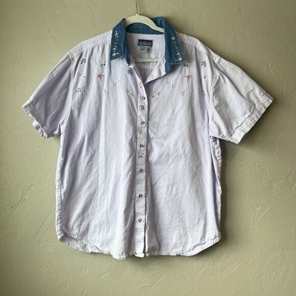 Vtg Button Up top Embroidered Contrast Collar 2x Cottage Boho ditsy floral prep - Picture 1 of 10